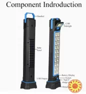 Багатофункціональний перезарядний робочий ліхтар із сонячною панеллю, 6 режимами світла, поворотною конструкцією та магнітним кріпленням