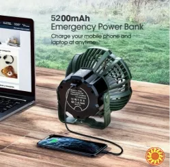 Портативний вентилятор з LED-світлом, акумулятор 5200 мАг, з дистанційним керуванням