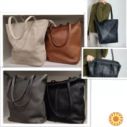 сумка кожаная женская шопер Итальянская мягкая с длиными ручками темно серая TS000092