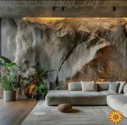 Скала в интерьере, барельєф водопад, отделка каминов печей, барбекю