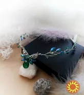 Ельфійська діадема тіара ав зелений синій смарагдовий корона гілка м'який обруч обідок