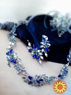 Анжеліка сережки гілочка сірий синій кристали вечірня прикраса ручна дизайнерська робота кришталь стрази