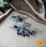 Мия гребень шпилька синий серебристый хрустальный ручная работа графит металлик