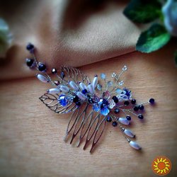 Сапфировый гребень заколка украшение синий серебристый жемчуг