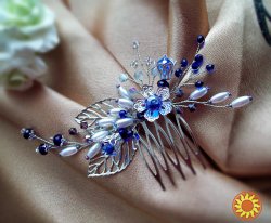 Сапфировый гребень заколка украшение синий серебристый жемчуг