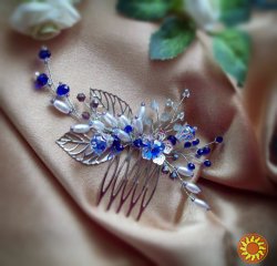 Сапфировый гребень заколка украшение синий серебристый жемчуг