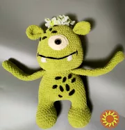 Монстрик зелений добрий та веселий іграшка м'яка в'язана ручна робота